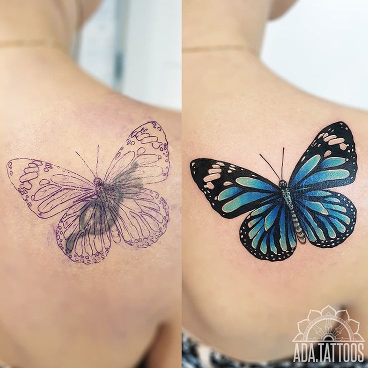 two pictures of butterflies on the back of women's shoulder, one with blue and purple wings