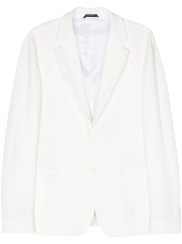 white stretch-design piqué weave notched lapels long sleeves dart detailing two front welt pockets internal slip pocket full lining straight hem front button fastening White Blazer Men, Armani Suits, Blazer White, Blazer Beige, Tailored Blazer, Linen Blazer, White Blazer, Blazers For Men, Dart