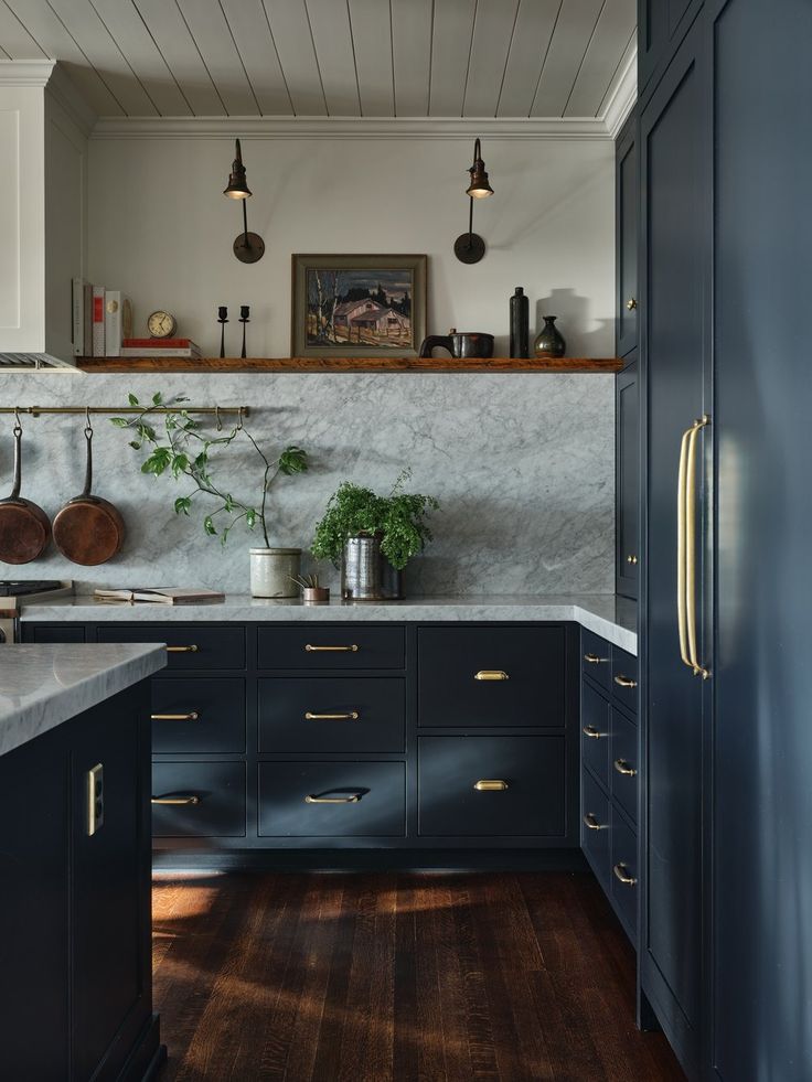 a kitchen with dark blue cabinets and wooden floors is pictured in this image, there are potted plants on the counter