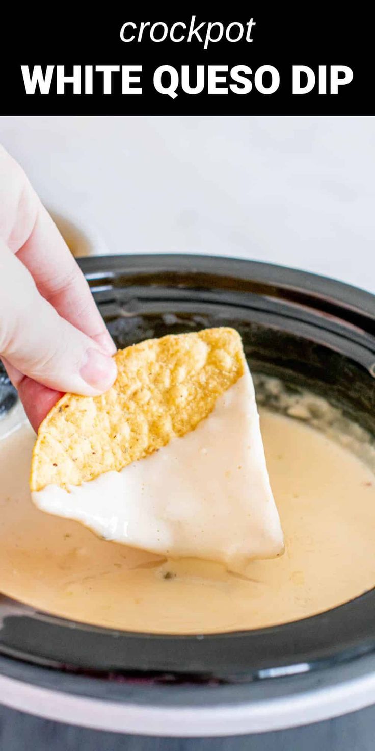 chip in crockpot with white queso dip Pepper Jack Cheese Queso, Authentic Cheese Dip, Crockpot White Cheese Dip, Queso Blanco Crockpot, Homemade Cheese Dip Easy, Queso With Pepper Jack Cheese, Mexican Restaurant Cheese Dip Crock Pot, Queso With Monterey Jack Cheese, Crock Pot Queso Blanco