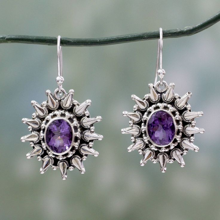 Dazzling sunbursts showcase faceted amethysts that total 6 opulent carats. From Neeru Goel in India these earrings are handcrafted of sterling silver. .925 Sterling silver Turquoise Pendant Necklace, Purple Pearl, Sterling Silver Dangle Earrings, Fancy Jewelry, Precious Jewelry, Turquoise Pendant, Silver Earrings Dangle, Necklace Sizes, Silver Pendant Necklace