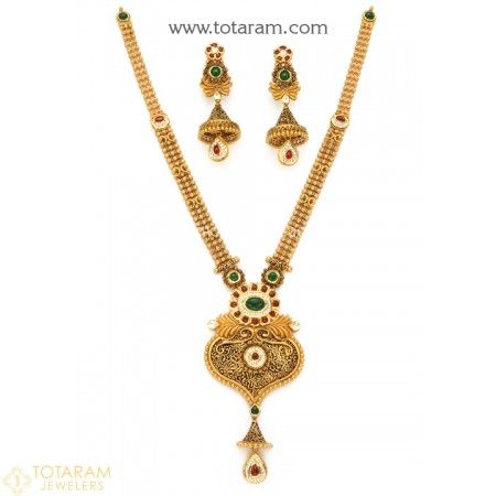 22K Gold Antique Long Necklace & Drop Earrings Set With Fancy Stones - 235-GS2943 - Buy this Latest Indian Gold Jewelry Design in 101.700 Grams for a low price of  $5,358.40 Vintage Yellow Gold Jewelry For Festive Occasions, Vintage Jewelry For Celebration With Jewels, Vintage Jewelry With Intricate Design For Celebrations, Vintage Bridal Necklace With Intricate Design For Celebration, Vintage Jewelry For Celebration With Intricate Design, Vintage Pendant Jewelry For Celebration, Vintage Gold Temple Necklace For Celebration, Vintage Gold Jewelry Sets For Festive Occasion, Vintage Round Jewelry Sets For Festive Occasion