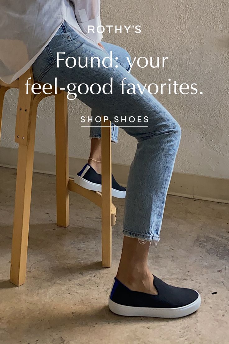 woman sitting on stool wearing black slip -on sneakers by Rothy's "found: your feel-good favorites." Shop Shoes Rothys Shoes Outfit, Black Slip On Sneakers Outfit, General Clothes, Women White Sneakers, Espadrilles Outfit, Outfits Women Casual, Season Outfits, Sneaker Outfits Women, Rothys Shoes