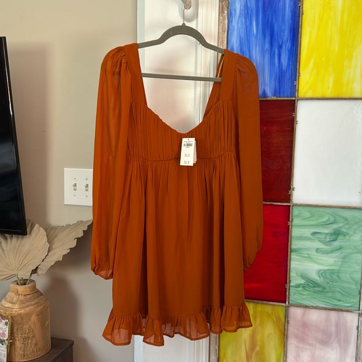 Abercrombie Burnt Orange Babydoll Dress Xs Nwt Orange Babydoll Dress Outfit, Orange Babydoll Dress, Bohemian Orange V-neck Sundress, Babydoll Dress, Abercrombie Fitch, Dresses Xs, Burnt Orange, Color Orange, Baby Dolls