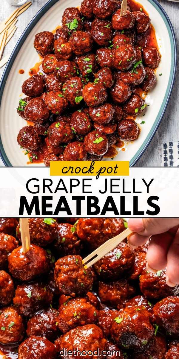 grape jelly meatballs on a white plate with chopsticks in the middle and text overlay that says grape jelly meatballs