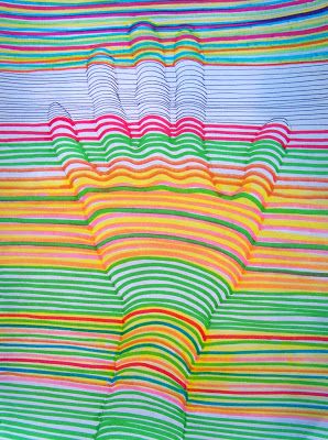 an abstract painting with multicolored lines in the center and on top of each other