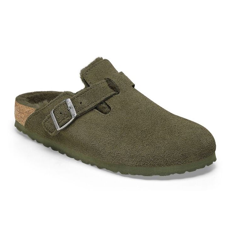 Boston Shearling Suede Leather Thyme | BIRKENSTOCK Casual Shearling Slip-on Mules, Winter Suede Clogs With Textured Footbed, Winter Suede Clogs With Leather Footbed, Comfortable Mules With Leather Footbed For Winter, Casual Sheepskin Slip-on Clogs, Shearling Slip-on Clogs With Leather Footbed, Shearling Clogs With Leather Footbed Slip-on, Winter Suede Clogs, Comfortable Winter Mules With Suede Lining