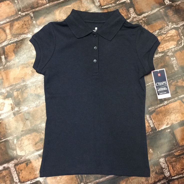 Solid Navy Blue Short Sleeve Polo Shirt. New With Tags Classic Fitted Tops For School, Fitted Casual Polo Shirt For School, Navy Casual Tops For School, Classic Fitted School T-shirt, Fitted Solid Color School Shirt, Solid Fitted School Shirt, Fitted Solid Shirt For School, Fitted Shirt For School, Fitted Collared T-shirt For School