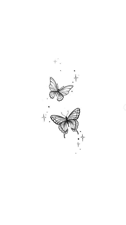 two butterflies flying in the sky with stars around them and one is black and white