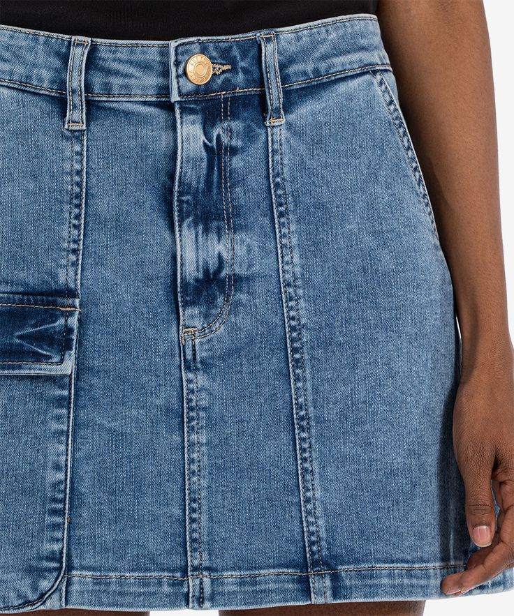 Cargo pocket put a trend-right touch on a stretch-denim skirt sporting fun seams to make this a must have. Fabric: 93% Cotton, 6% Polyester, 1% Spandex Size & Fit: Center Back: 16", Center Front: 15", Silhouette: Aline Color: ALARMING W/MED BASE WASH Model Info: Model is 5'9" and wearing a size Small; Bust 33", Waist 24", Hips 35" Trendy Stretch Denim Skirt With Pockets, Fitted Mid-rise Mini Skirt With Pockets, Trendy Mid-rise Denim Skirt With Pockets, Trendy Fitted Denim Skirt With Side Pockets, Fitted Denim Blue Denim Cargo Skirt, Fitted Denim Blue Cargo Skirt, Fitted Denim Mini Skirt With Side Pockets, Trendy Stretch Cargo Skirt With Pockets, Fitted High Rise Denim Cargo Skirt