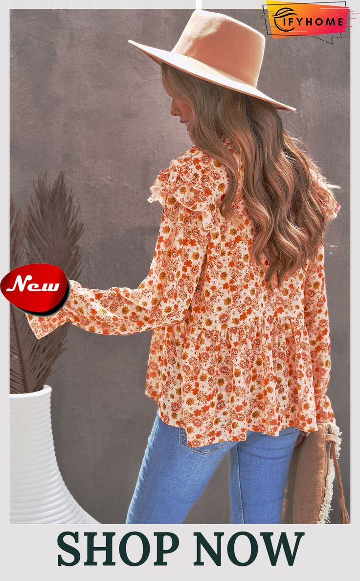 Orange Floral Pattern Peplum Blouse with Ruffles Flowy Ruffle Sleeve Printed Blouse, Long Sleeve Blouse With Ruffle Hem For Brunch, Bohemian Ruffle Sleeve Blouse, Bohemian Long Sleeve Tops With Ruffle Hem, Spring Brunch Blouse With Ruffles, Spring Ruffle Blouse For Brunch, Summer Long Sleeve Blouse With Ruffle Hem, Bohemian Ruffle Sleeve Tops For Fall, Bohemian Top With Ruffled Collar