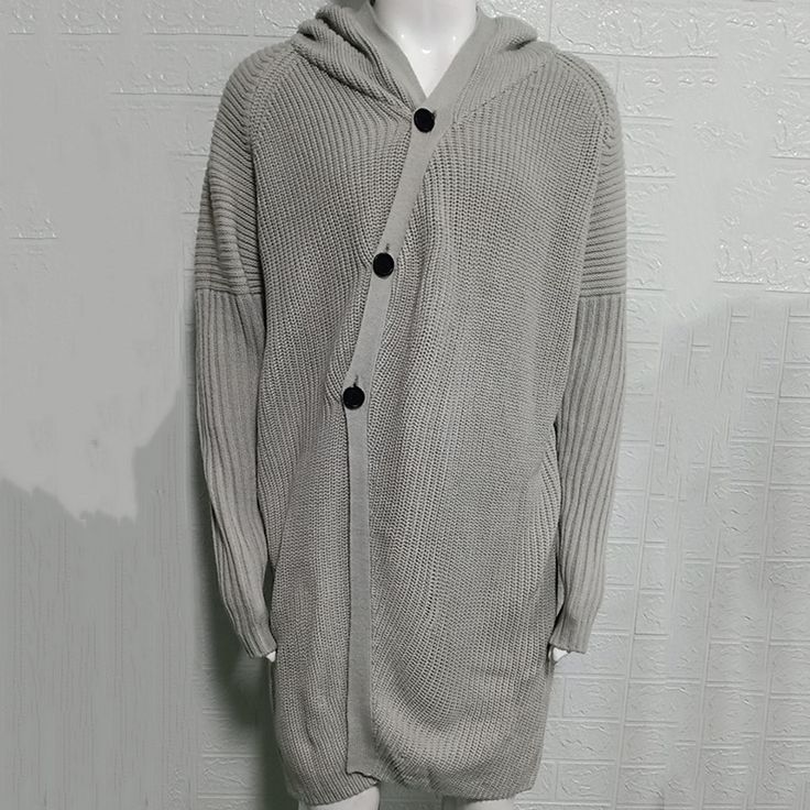 Men's Long Knitted Cardigan Solid Color Irregular Long Cardigan with Hoodie Winter Streetwear Knitted Cardigan, Winter Knitted Cardigan For Streetwear, Winter Hoodie Style Cardigan, Knitted Cardigan For Streetwear In Fall, Knitted Fall Cardigan For Streetwear, Knitted Cardigan For Fall Streetwear, Gray Hooded Knit Outerwear, Gray Knit Hooded Outerwear, Casual Hooded Sweater Coat For Winter