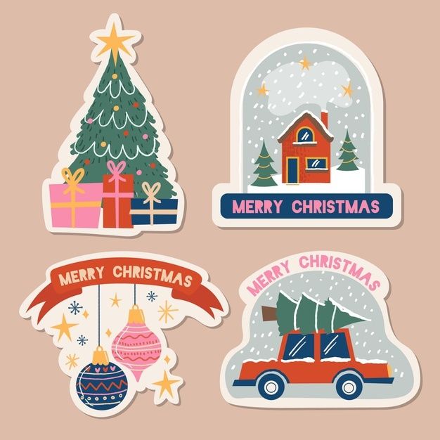 four christmas stickers with different types of decorations and trees in the shape of houses