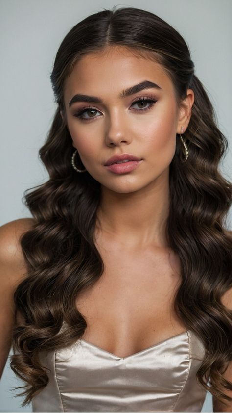 Glamour Curls Short Hair, Wedding Hairstyles On The Side, Elegant Hair Styles For Prom, Hair Styles Down For Formal, Curled Hairstyles Long Hair, Prom Updos For Long Hair Elegant, Elegant Hair Styles Down, Elegant Hair Down Styles, Hairstyle Elegant Classy