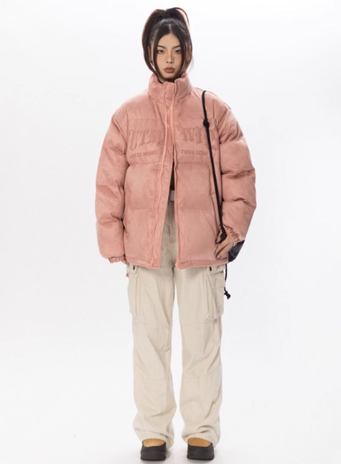 Faux Suede Puffer Jacket – LATENITEX Trendy Nylon Outerwear For Streetwear, Trendy Nylon Streetwear Outerwear, Sporty Winter Outerwear For Streetwear, Pink Down Outerwear For Fall, Pink Down Winter Outerwear, Casual Warm Winter Puffer Jacket, Casual Winter Warm Puffer Jacket, Trendy Outerwear With Padded Collar For Streetwear, Pink Down Puffer Jacket For Fall