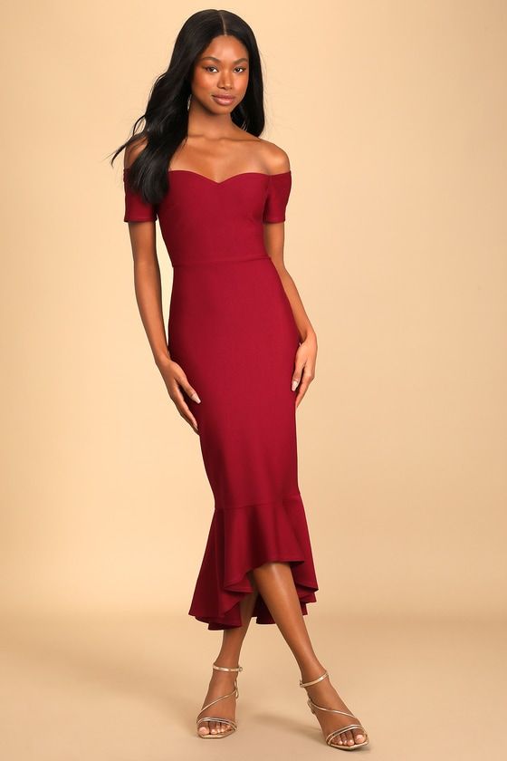 How Much I Care Wine Red Off-the-Shoulder Midi Dress Winter Wedding Guest Dress, Spring Wedding Guest Dress, Best Wedding Guest Dresses, Red Midi, Fall Wedding Guest Dress, New Years Eve Dresses, Wedding Guest Dresses, Flattering Dresses, Red Midi Dress