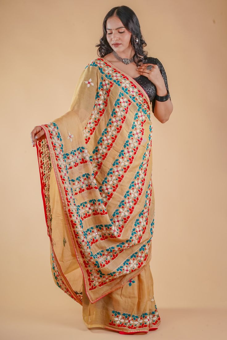 "Beige Hand Embroidered Lambani work Saree with blouse | Tusshar Silk Saree | Hand Work | Party Wear Silk Saree  Wedding wear saree, party wear saree, lambani work silk saree, hand embroidered saree, hand work saree. This is authentic hand embroidered lambani work Saree. The unique threadlambani embroidery design is entirely handcrafted by our skilled artisans. The most significant aspect of hand embroidery is the beautiful flower motif pattern. The running blouse piece is included with this pre Semi-stitched Embroidered Choli For Traditional Ceremonies, Embroidered Semi-stitched Choli For Traditional Ceremonies, Embroidered Dola Silk Choli For Traditional Ceremonies, Multicolor Pre-draped Saree With Motifs For Traditional Ceremonies, Transitional Pre-draped Saree With Cutdana For Traditional Ceremonies, Embroidered Choli For Diwali Ceremonies, Traditional Multicolor Pre-draped Chanderi Saree, Semi-stitched Chinon Saree With Motifs, Embroidered Fabric With Pallu For Transitional Wedding