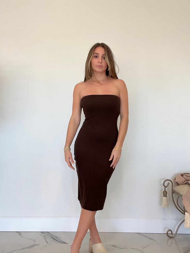 Midi dark chocolate tube dress Brown Knee-length Midi Dress For Parties, Elegant Brown Midi Bodycon Dress, Brown Bodycon Maxi Dress For Party, Brown Midi Length Bodycon Dress For Evening, Brown Midi-length Bodycon Dress For Evening, Brown Knee-length Midi Dress For Night Out, Fitted Brown Midi Dress For Night Out, Elegant Brown Midi Dress For Night Out, Elegant Brown Bodycon Dress For Night Out