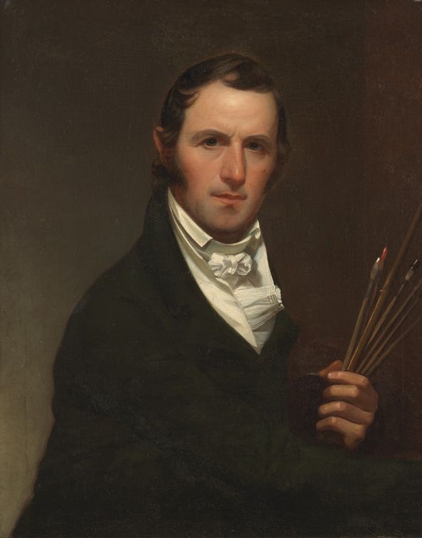 a painting of a man in a black suit and white shirt holding three arrows with both hands