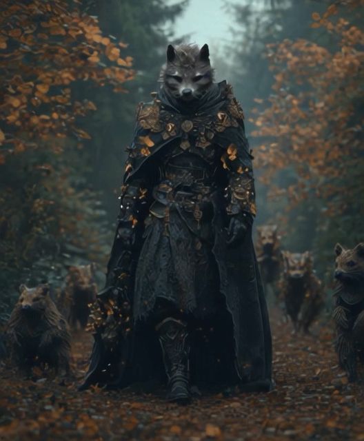 a man dressed as a wolf standing in the woods with other animals around him and wearing armor