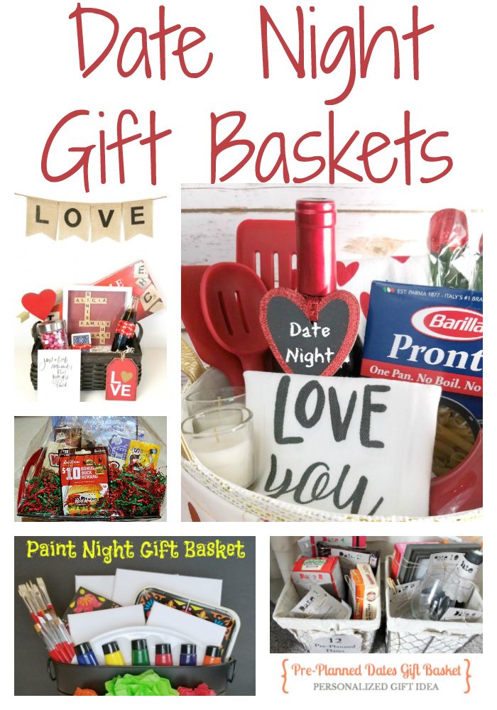 a collage of valentine's day gifts with the words, date night gift baskets