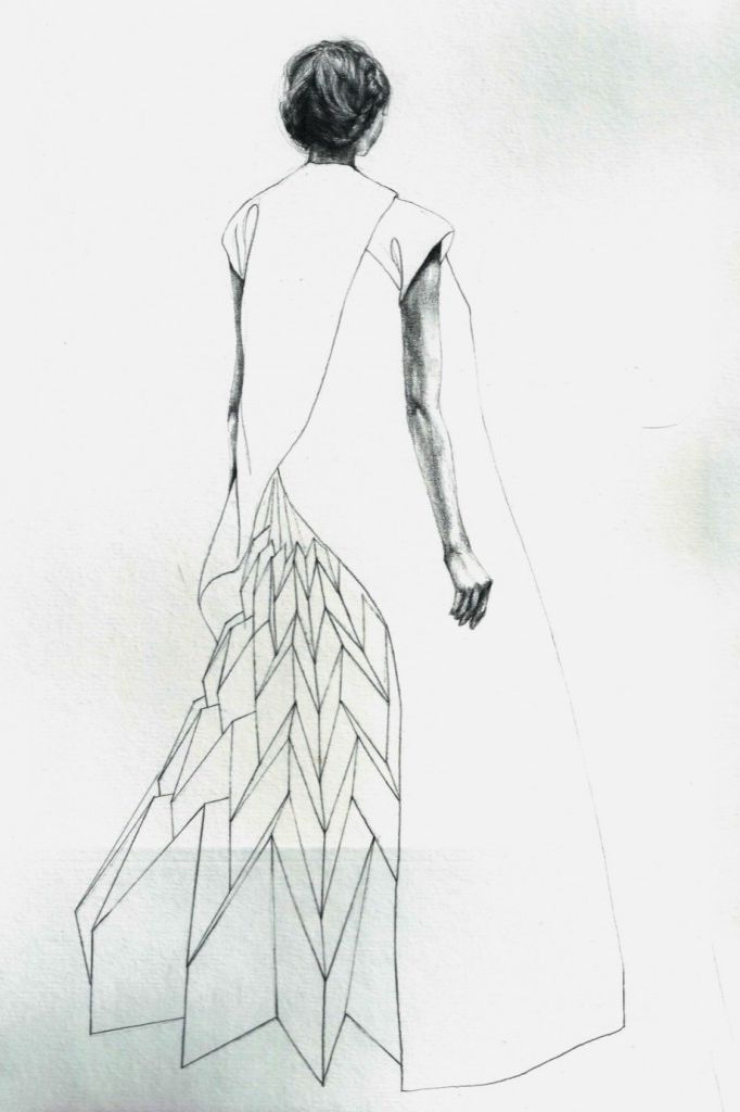 a drawing of a woman in a white dress with an abstract design on her back