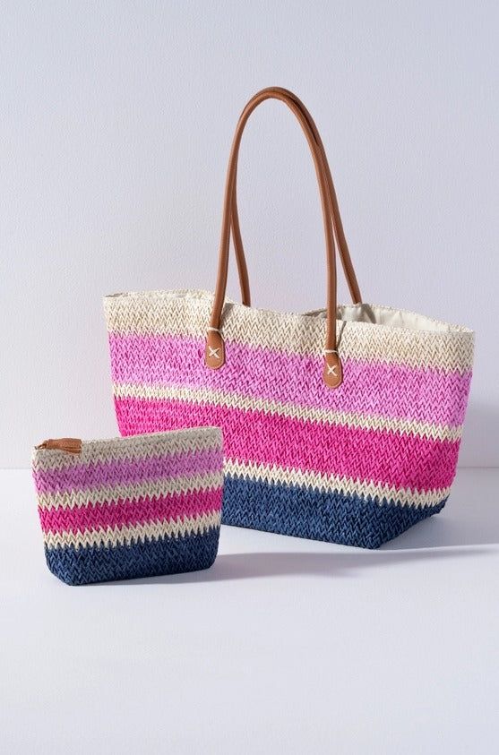 Product Details: ❥ Color: Pink ❥ Pink and navy striped ombre pattern tote bag ❥ Sleek brown stitched double handles ❥ Bring some brightness to the beach with this fun summer tote! ❥ Colorful and roomy ❥ This lightweight bag is ideal for carrying all your essentials in the warm weather ❥ The perfect accessory for all your beach vacay trips! ❥ Materials: natural paper straw and pu ❥ Double shoulder straps ❥ Magnetic snap closure ❥ 1 inner slip pockets ❥ Dimensions: 17.5" x 7" x 12" Striped Rectangular Bag With Braided Handles, Striped Beach Bag For Everyday Summer Use, Striped Rectangular Straw Bag With Braided Handles, Casual Striped Rectangular Straw Bag, Striped Straw Bag With Braided Handles For Shopping, Striped Straw Shopping Bag With Braided Handles, Casual Striped Straw Tote Bag, Casual Striped Bags With Braided Handles, Striped Rectangular Straw Bag For Daily Use