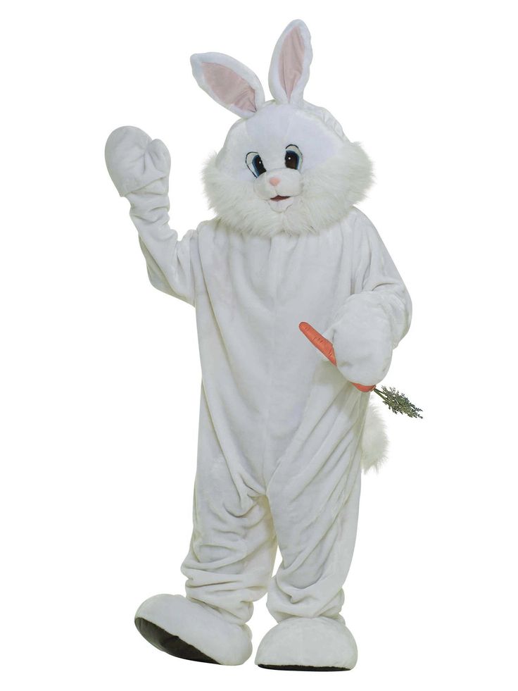 a person in a white bunny costume with carrots on their feet and one hand up