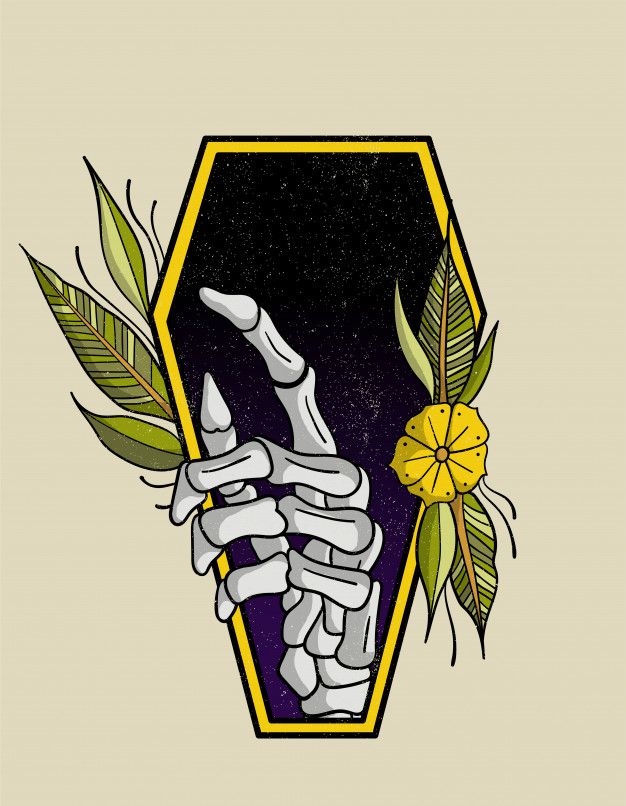 a skeleton holding a flower in his hand with leaves and flowers on the side of it