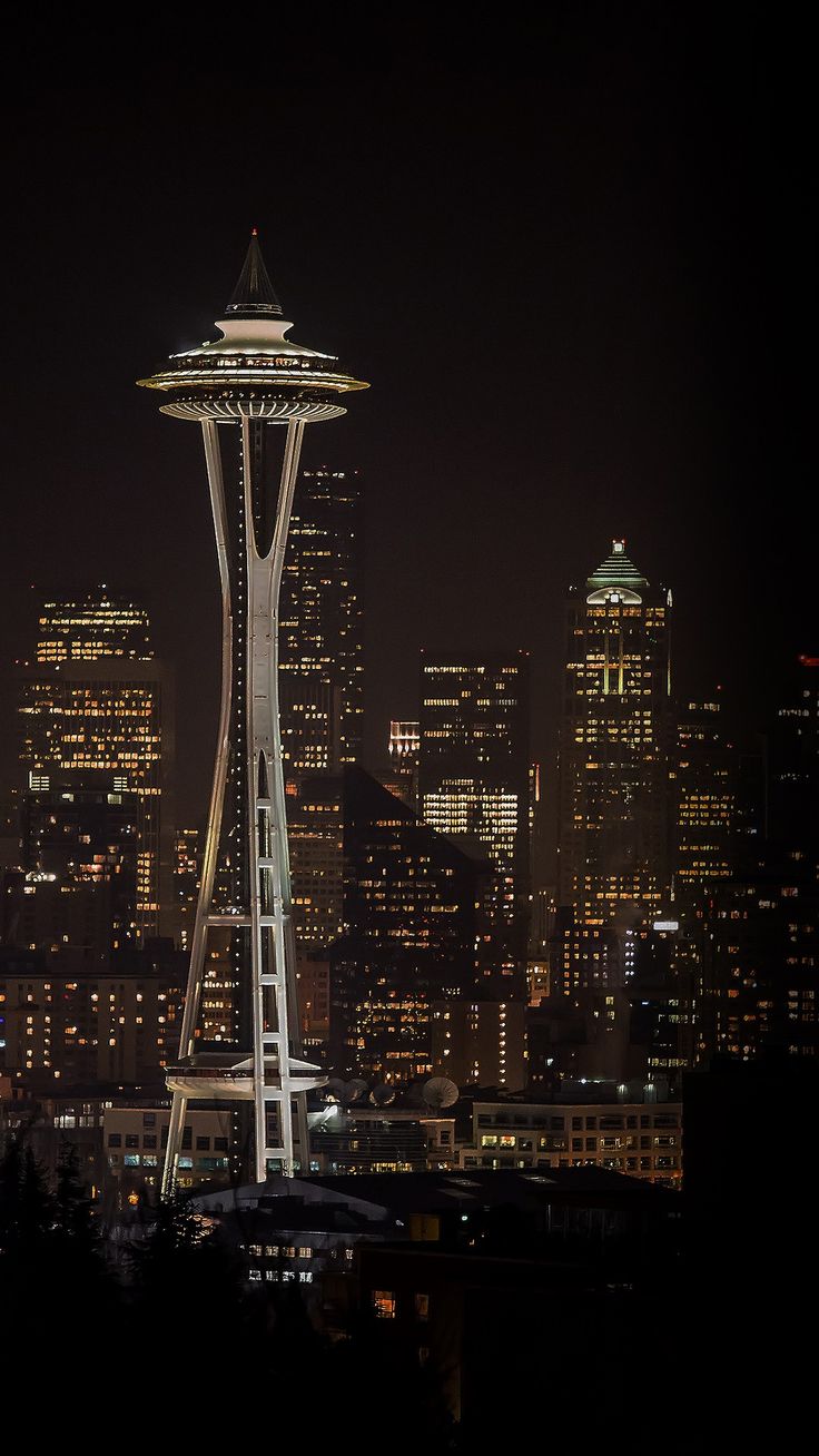 the space needle at night with city lights in the background