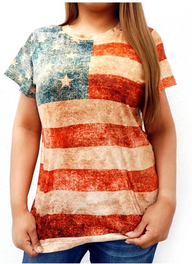 American Flag Print Ladies T-Shirt This American Flag western ladies crew neck t-shirt has:- Vintage American flag color print Short sleeves Crew neckline 90% Polyester 10% Spandex Machine wash cold, tumble dry low Red Americana T-shirt With American Flag, American Flag Print Tops For Independence Day, Patriotic Multicolor Short Sleeve T-shirt, American Style Tops With Flag Print And Short Sleeve, American Style Flag Print Short Sleeve Top, American Style Short Sleeve Tops With Flag Print, American Flag Print Crew Neck Top For Memorial Day, Casual Multicolor Tops For Independence Day, Multicolor Flag Print Casual T-shirt