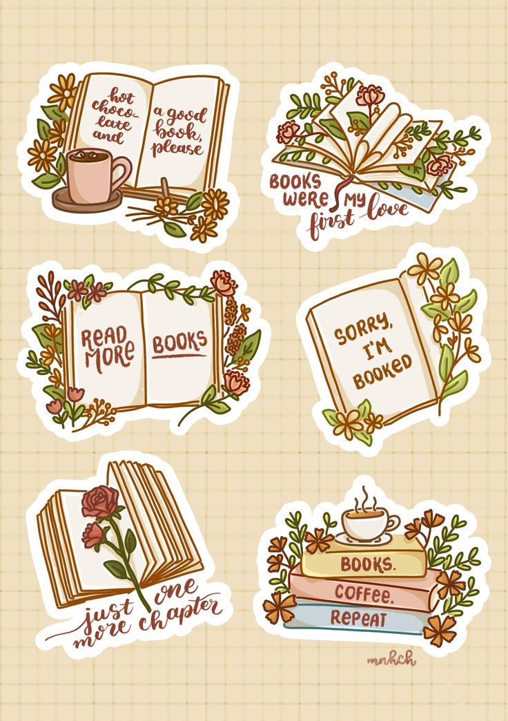 some stickers with books and flowers on them