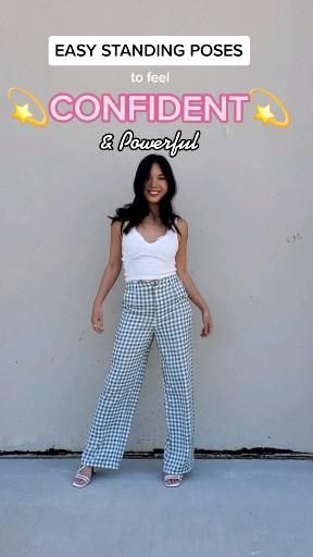 a woman standing in front of a wall with the words, easy standing poses to feel confident and peaceful