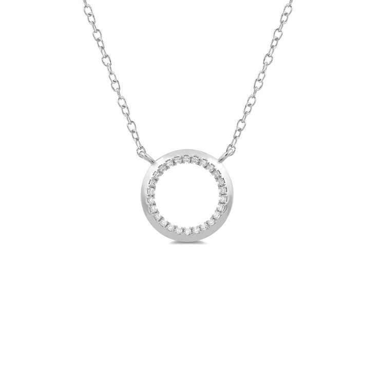 Angular, textured, and sparkly. This geometric necklace is bound to give your looks a bit of an edge. The petite ring pendant features a knife-edge profile with the inner cut-out traced with round diamonds. Turn to this necklace when you want to put on view your romantic-rock-chic sense of style. Modern Sterling Silver Necklace With Diamond Cut, Modern Necklaces With Single Diamond Round Pendant, Modern Necklace With Single Diamond And Round Pendant, Modern Necklace With Single Diamond In Round Pendant, Modern Necklaces With Single Cut Diamonds, Modern Necklace With Single Diamond On Round Pendant, Modern Necklace With Round Diamond Accents, Modern Round Necklaces With Single Cut Diamonds, Modern White Gold Necklaces With Open Circle