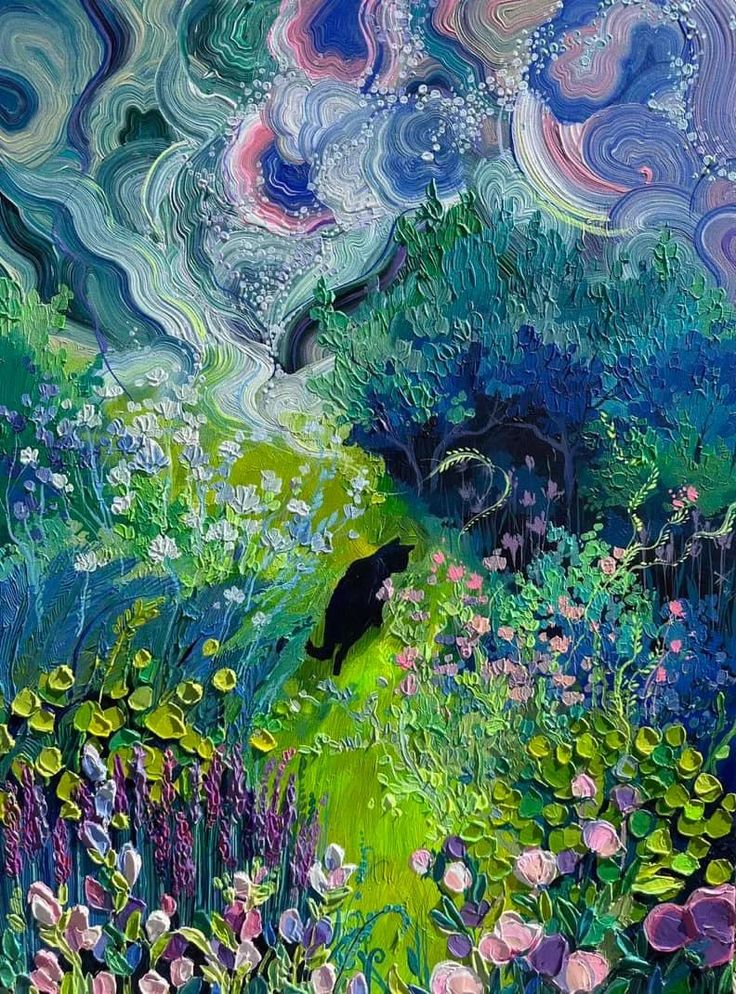 a painting of a black cat in the middle of a field with flowers and trees