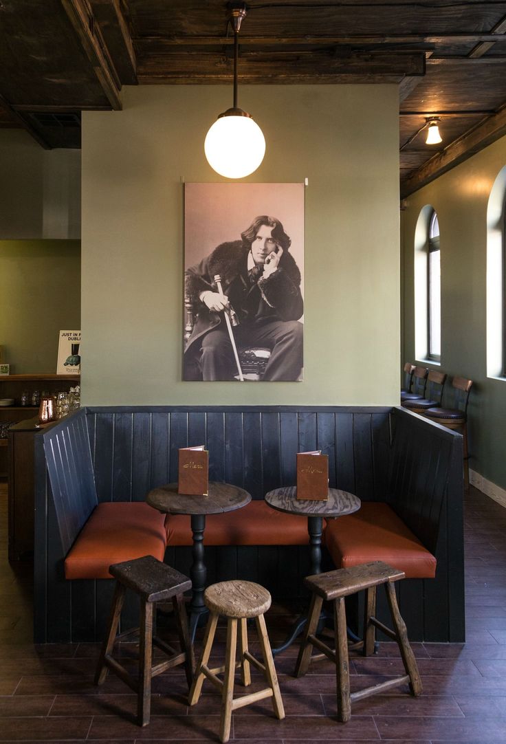 an old photo hangs on the wall above two wooden stools in a restaurant with dark wood paneling