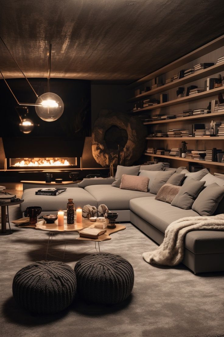 a living room filled with furniture and a fire place in the middle of the room