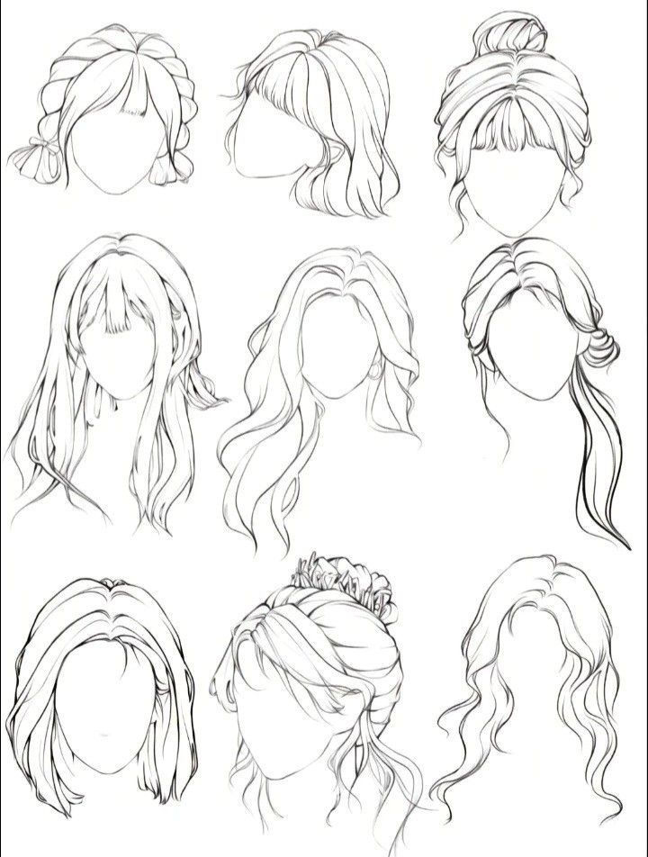 various hairstyles for girls with long hair and braids on them, all drawn in