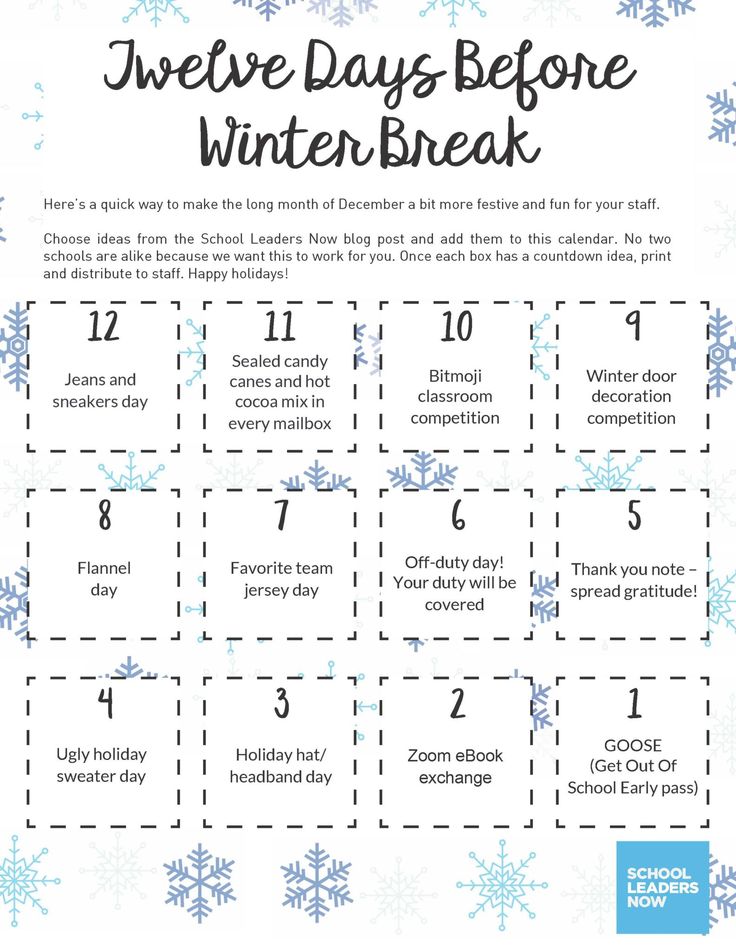 the twelve days before winter break is shown with snowflakes and numbers on it