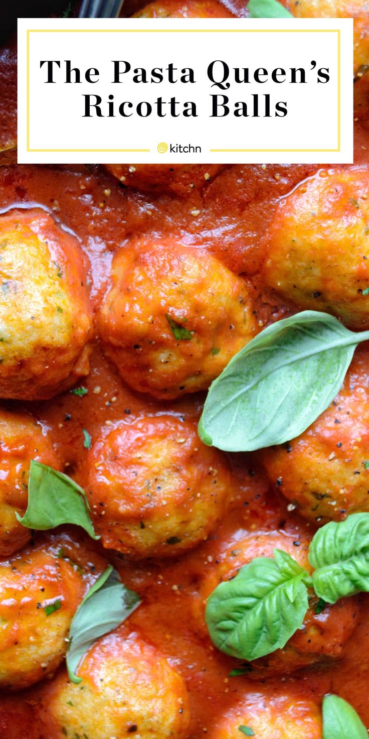 the pasta queen's ricotta balls recipe with basil leaves on top and title overlay