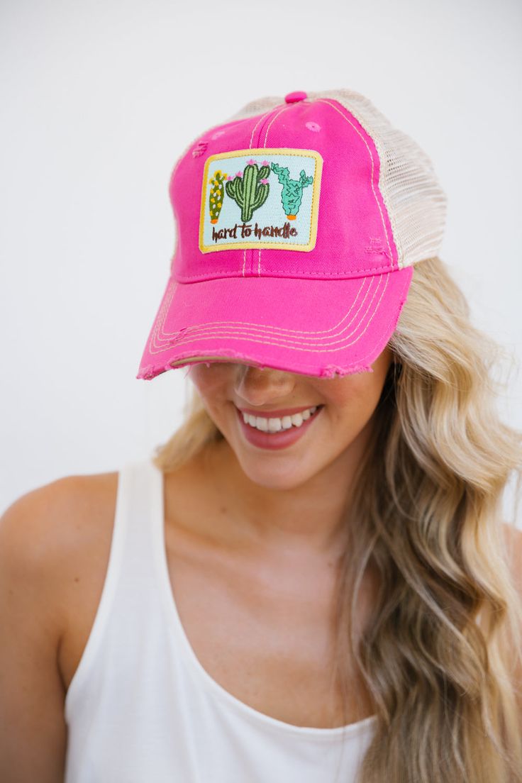 HARD TO HANDLE CACTUS PATCH HAT Hats Judith March HOT PINK DISTRESSED Cactus Patch, Patch Hat, Trucker Hat, Hot Pink, Cactus, Navy, Hats, Pink