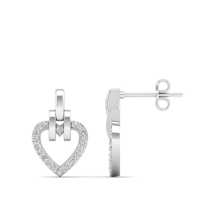 This Open Heart Diamond Stud Earrings are a stunning accessory for any occasion. They feature a delicate open-heart design and shimmering diamonds that add elegance and sophistication to any outfit. Crafted with high-quality materials, these earrings are a timeless and versatile addition to any jewelry collection. Metal: 14K Gold Setting Type: Prong Rhodium Finish: Yes, on White Gold Natural Diamond Details: Weight: 0.26 Quantity: 40 Average Cut: Very Good Average Color: G-H Average Clarity: SI1 Elegant Diamond Heart Earrings With Brilliant Cut, Elegant Diamond White Heart Earrings For Formal Occasions, Elegant Heart Cut Earrings With Diamond Accents, Elegant Heart-shaped Earrings With Diamond Accents, Elegant Heart Cut Diamond Earrings For Valentine's Day, Elegant Heart Cut Diamond Earrings, Elegant Heart-shaped Brilliant Cut Earrings, White Gold Heart Drop Earrings For Formal Occasion, Formal White Gold Heart Drop Earrings