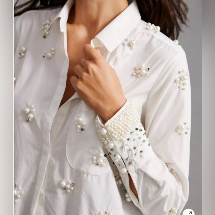 Nwt Anthropologie The Bennet Button Up White Shirt With Pearls & Rhinestones. Size: Small Petite Armpit To Armpit: 18.5” Please Ask Questions Prior To Purchase. Thanks! Shirt With Pearls, Button Up White Shirt, Crisp White Blouse, Embellished Shirt, Corset Fashion, Embellished Blouse, Anthropologie Top, White Blouse, Oversized Shirt