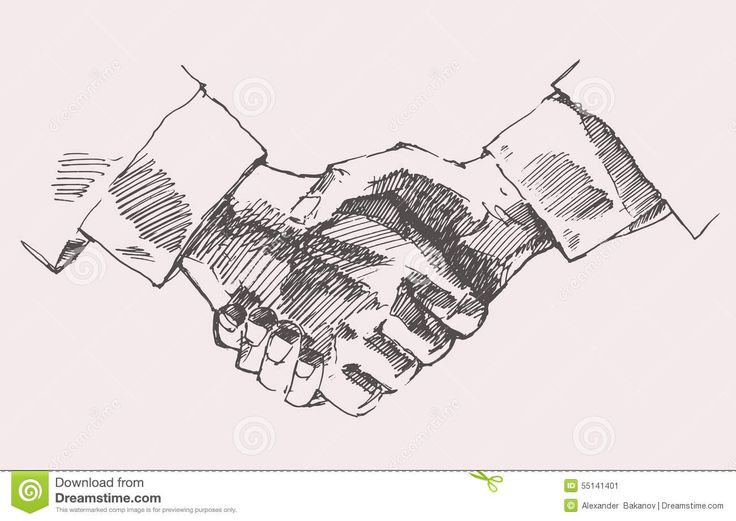 two hands shaking over each other in black and white ink on a light pink background