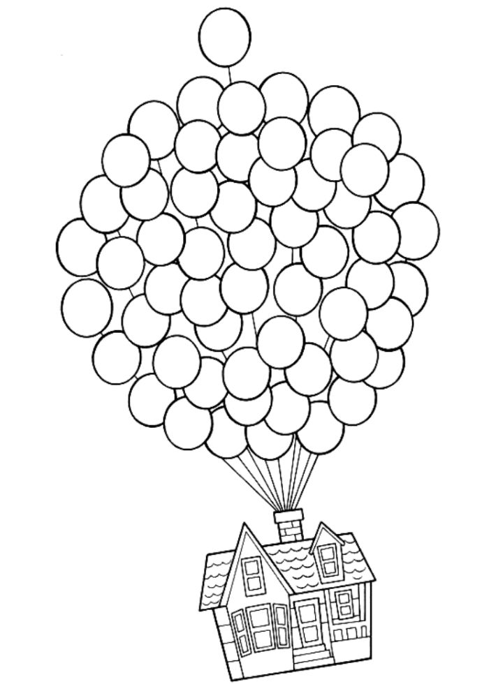 a drawing of a house with balloons in the air and a house on top of it