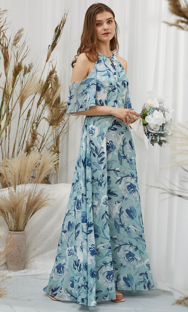 Gown For Wedding Guest, Gown For Wedding, Chinese Fancy Dress, Floral Print Chiffon Dress, Blue Flower Dress, Print Chiffon Dress, Blue Floor, Evening Dresses With Sleeves, Women Halter