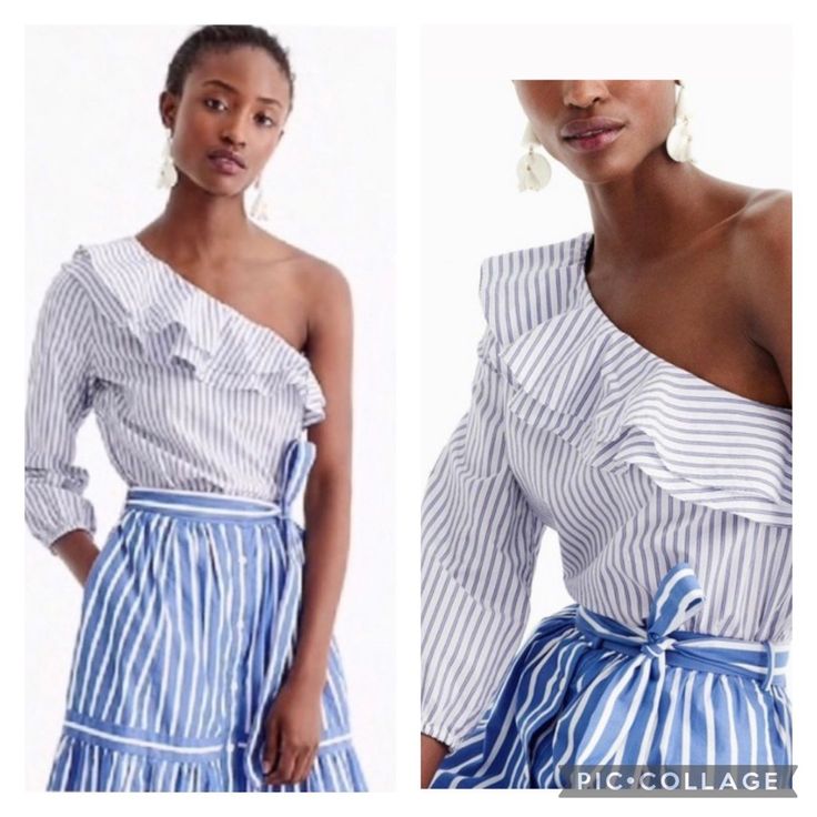 A One-Shoulder Striped Top In An Easy Cotton Poplin Means Your Day Just Got Waaaay Cuter. This Stylish Blouse Is From J. Crew. Features Long Sleeve, Flirty Ruffles, Elastic Cuff And Side Zip. Brand: J. Crew Size: 14 Material: Cotton Color: Blue/White Condition: Nwt Pit To Pit: Approx. 20 1/2” Length: Approx. 24” Summer Workwear One-shoulder Top, One-shoulder Summer Top For Workwear, Summer One-shoulder Top For Workwear, One Shoulder Top For Summer Workwear, One Shoulder Summer Tops For Work, Elegant One Shoulder Top With Ruffles For Summer, Elegant One Shoulder Ruffled Top For Summer, White One-shoulder Blouse For Day Out, White One Shoulder Blouse For Day Out