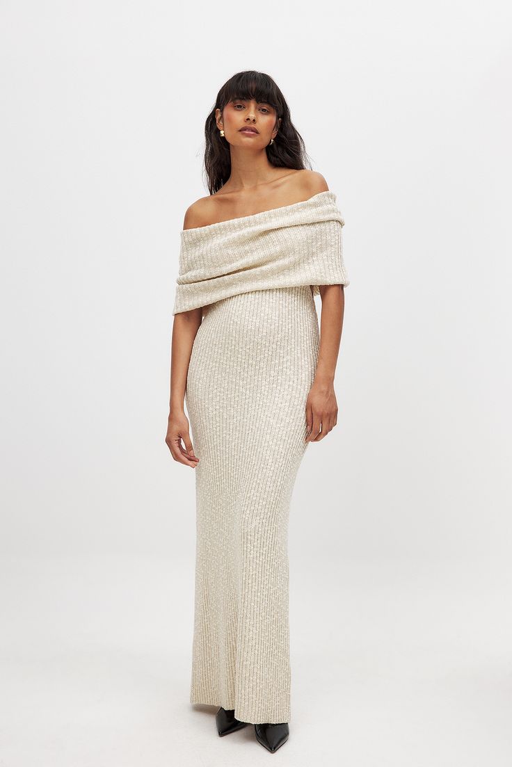 Elegant Beige Off-shoulder Maxi Dress, Elegant Off-shoulder Beige Maxi Dress, Evening Ribbed Maxi Dress, Stretch Ribbed Evening Maxi Dress, Beige Off-shoulder Fitted Maxi Dress, Party Ribbed Maxi Dress, Beige Off-shoulder Chic Maxi Dress, Chic Off-shoulder Beige Maxi Dress, Chic Beige Off-shoulder Maxi Dress