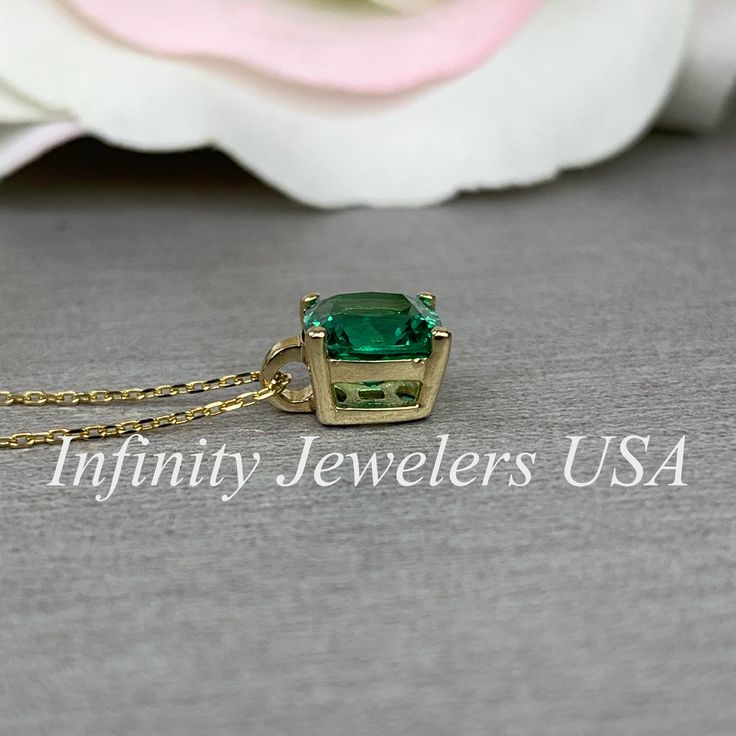 "Cushion Cut Emerald Pendant Necklace, 14k Gold, Dainty Emerald Necklace, Emerald Green Layering Necklace, May Birthstone Pendant, #5690 We feature the finest quality lab grown emeralds in the world. The properties of lab-grown are physically, chemically and visually identical to natural, just grown in a lab setting. Emerald is the birthstone of May -Approximate total carat weight: 1.70ctw diamond equivalent -Center Stone Size: approx. 1.70ct diamond equivalent -Center Stone Shape: cushion cut 7 May Birthstone Diamond Jewelry Stamped 14k, 14k Gold Jewelry For Anniversary With May Birthstone, 14k Gold Jewelry For Anniversary, May Birthstone, Formal 14k Gold Gia Certified Jewelry, Gia Certified 14k Gold Jewelry For Formal Occasions, 14k Gold Emerald Birthstone Necklace For Anniversary, Yellow Gold Jewelry For Anniversary, May Birthstone, Gia Certified Yellow Gold Necklace For Anniversary, Fine Jewelry With Prong Setting For May Birthstone