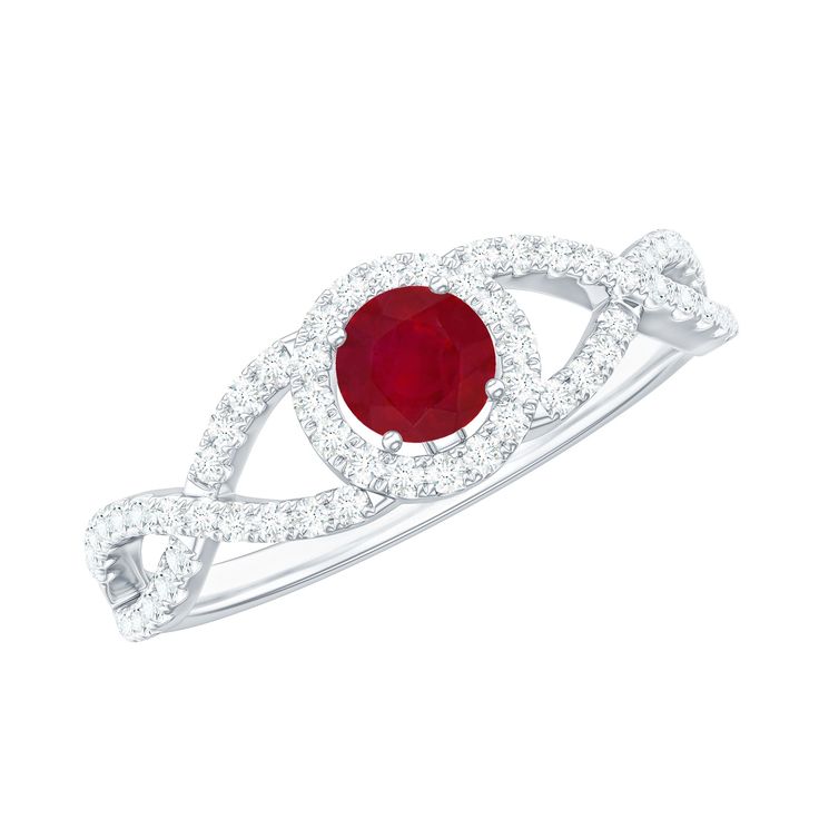 Round Ruby and Diamond Criss Cross Engagement Ring Ruby - ( AAA ) - Quality - Rosec Jewels Diamond Birthstone Ring With Halo For Promise, Diamond Halo Birthstone Ring For Promise, Dazzling Ruby Promise Ring With Center Stone, Dazzling Ruby Ring With Center Stone For Promise, White Gold Ruby Ring With Halo For Wedding, White Diamond Ruby Ring, Elegant Ring With Lab-created Ruby And Diamond Accents, Promise Ruby Ring With Diamond, Diamond Ruby Ring With Center Stone For Promise